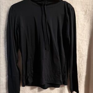 Marika black long sleeve tee with hoodie and front pouch. Size L